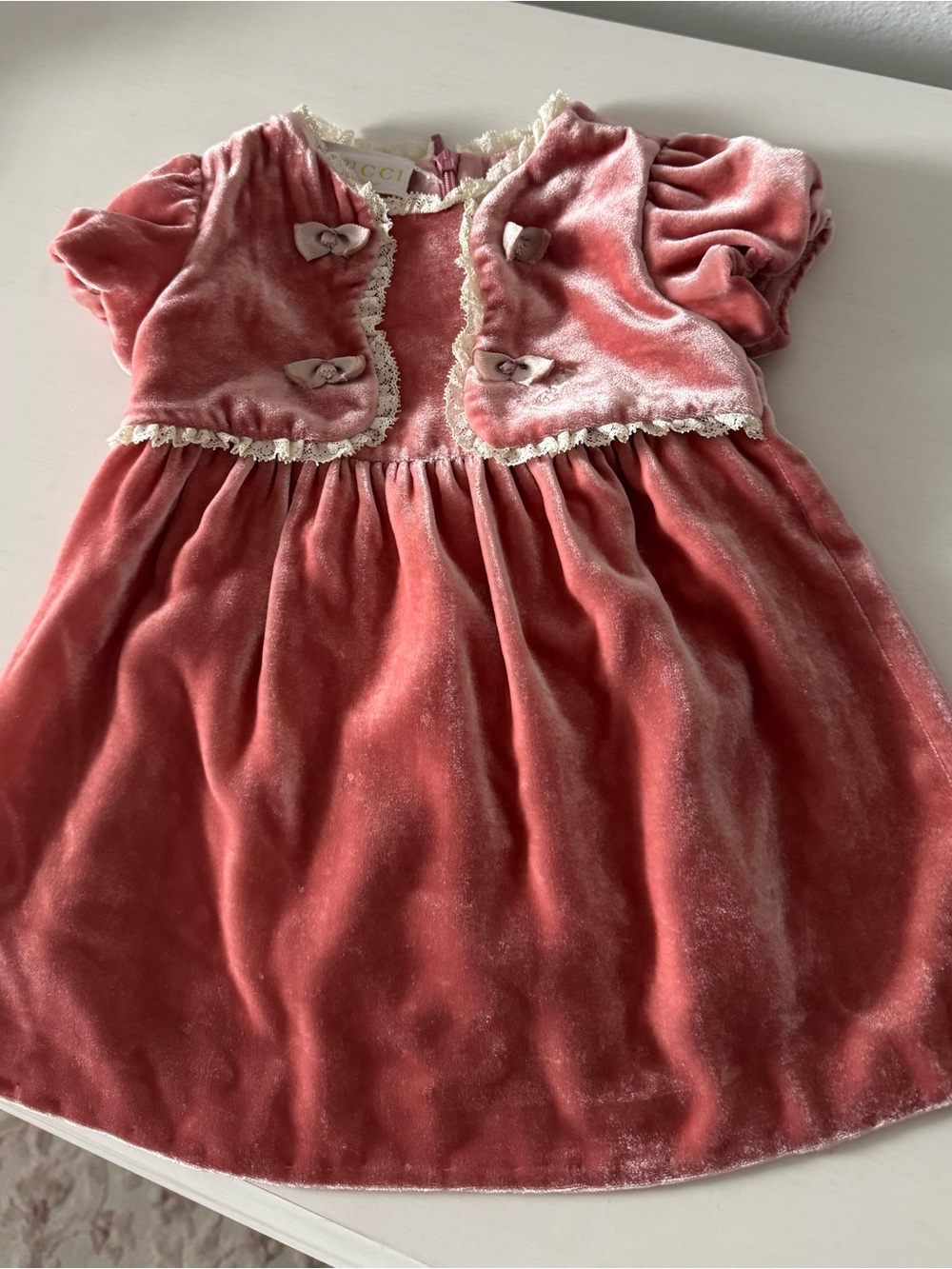 Gucci Rose Velvet Infant Dress with Lace Accents